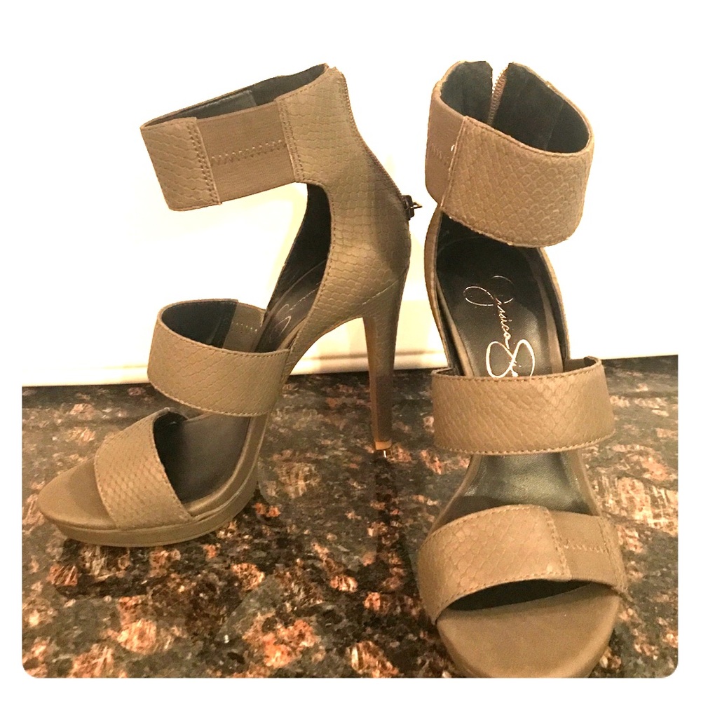 Jessica Simpson strapped dark taupe heels